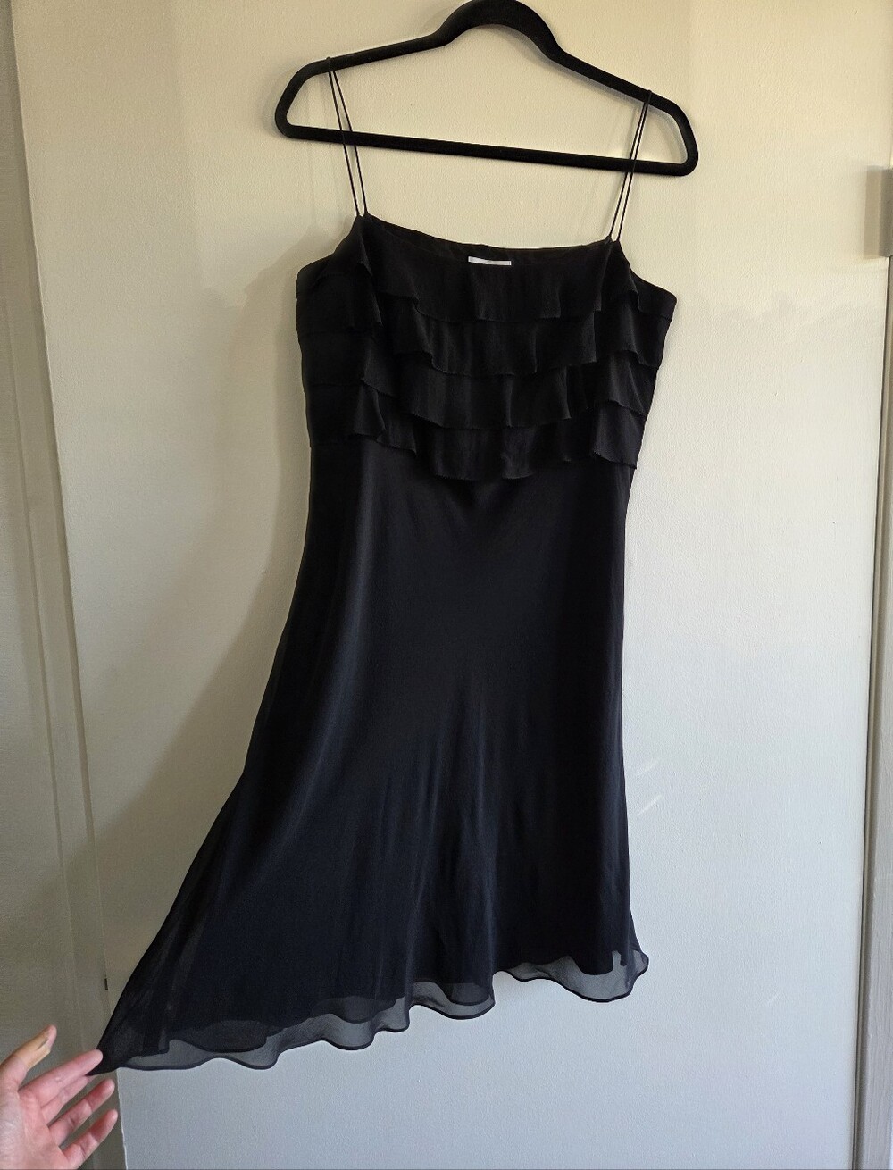 Ann Taylor LOFT 100% Silk Black Ruffle Slip Mini Dress LBD Glam Evening Size 8